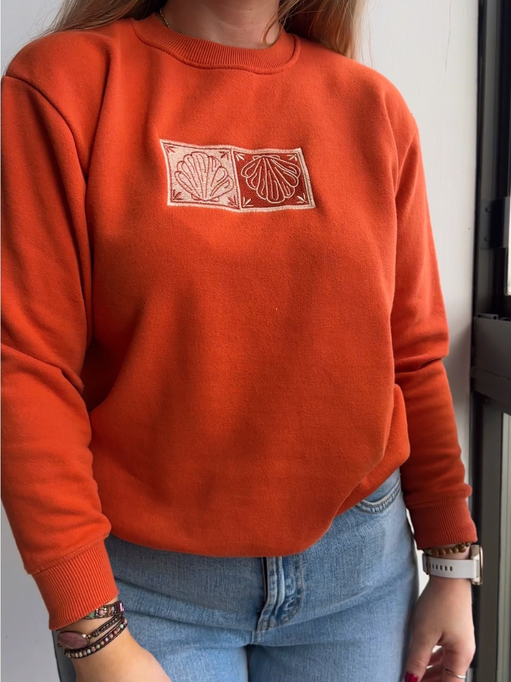 Upcycled Orange Sea Shell Embroidered Crewneck Sweater